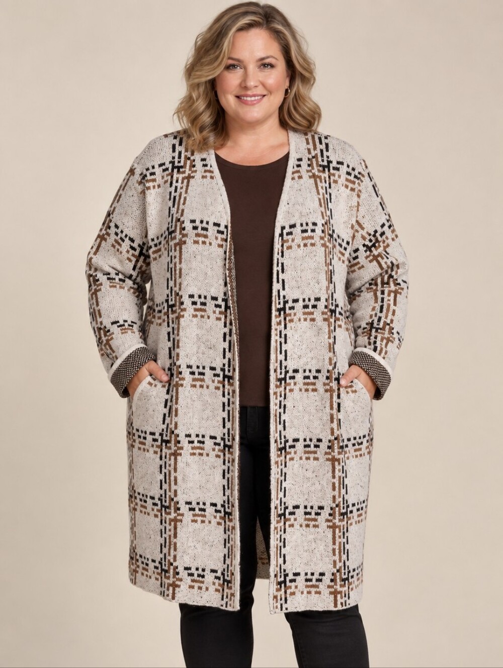 Ashley Stewart Cream Plaid OpenFront Coatigan W/Brown & Black Accents Size 3X